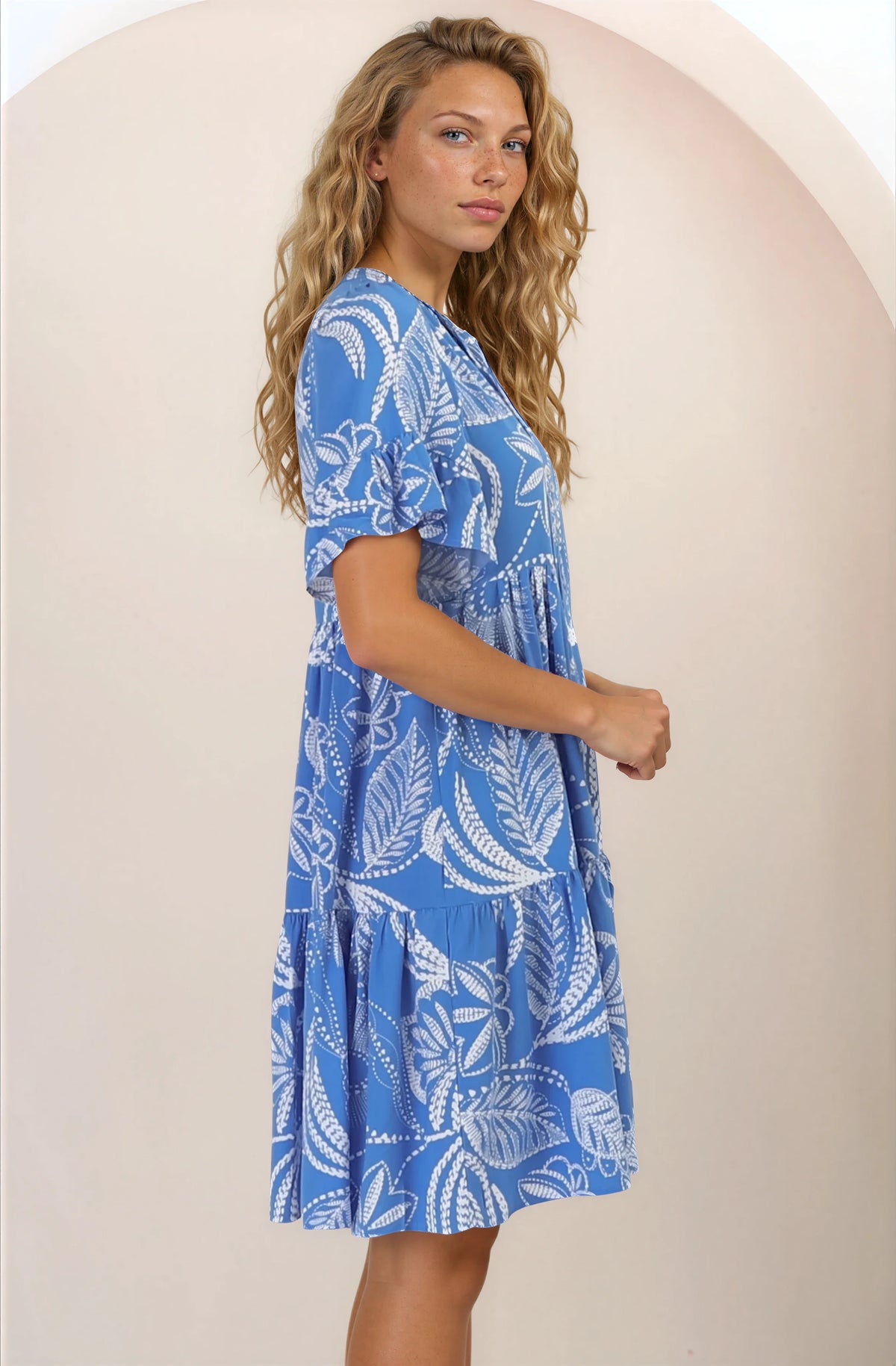 Abilia Mini Dress - Mandarin Collar Buttoned Bodice Smock Dress in Havanna Print in Blue