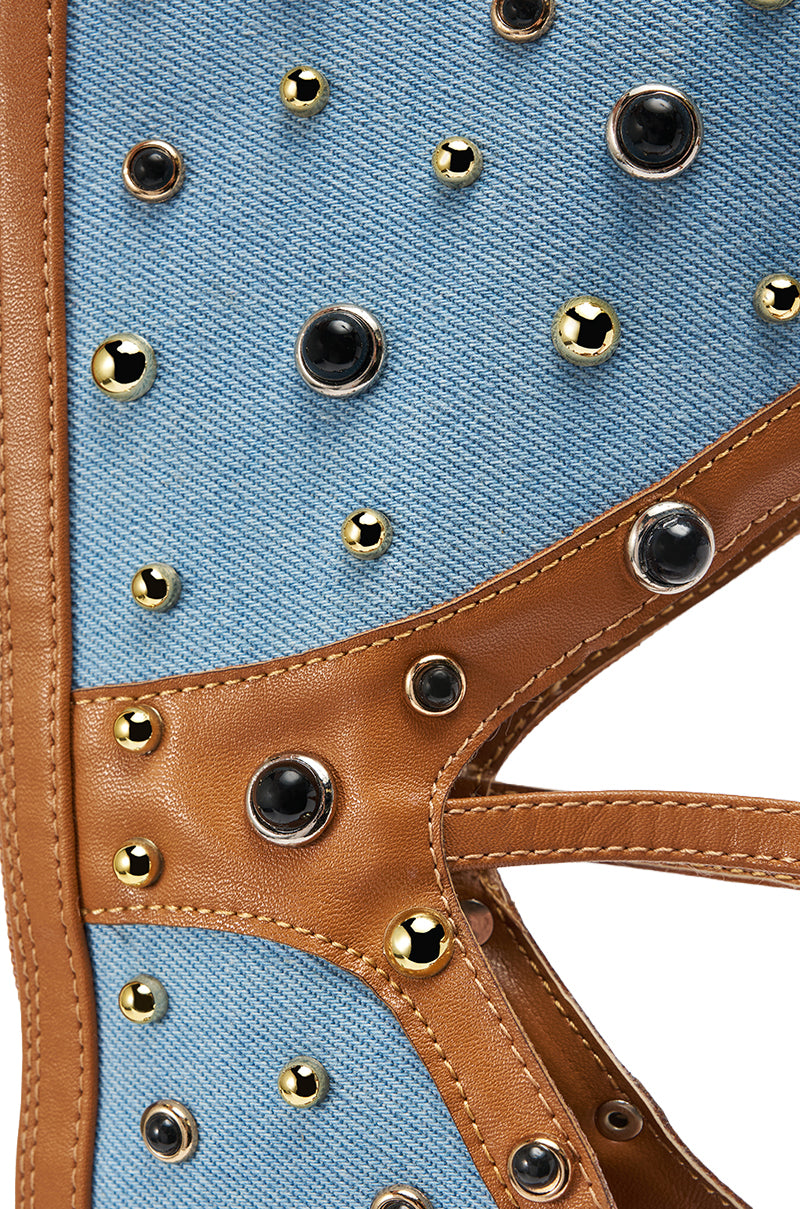 AKIRA GOLD LULANA DENIM METAL STUDDED GLADIATOR STILETTO SANDAL