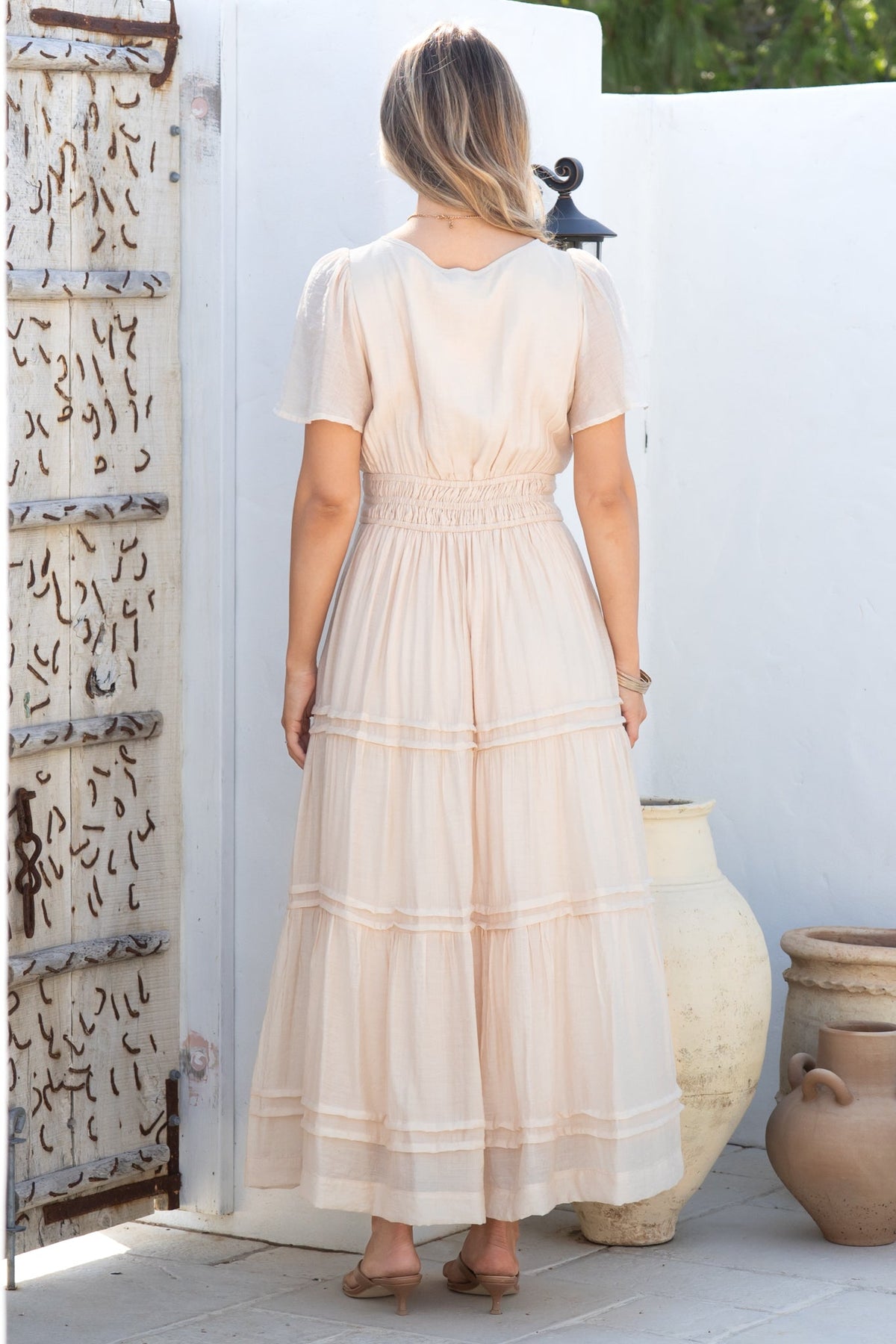 Payton Maxi Dress - Pleat Detailed A-Line Dress with Cap Flutter Sleeves in Beige