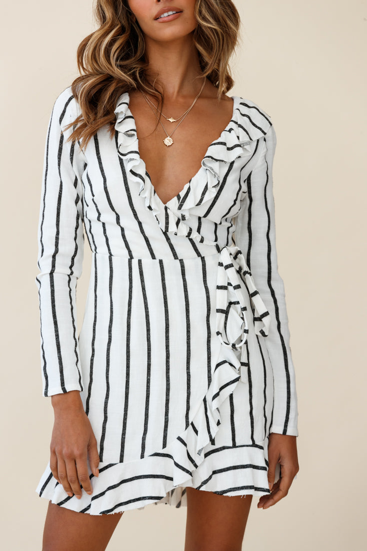Beatrice Faux Wrap Ruffle Trim Raw Edge Dress White/Black Stripe