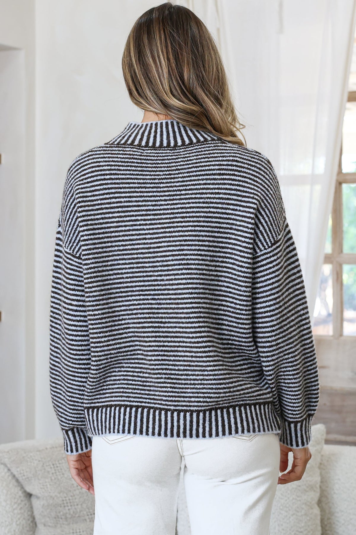 Stellan Jumper - Mock Neck Striped Ribbed Hem Knit in Blue/Chocolate