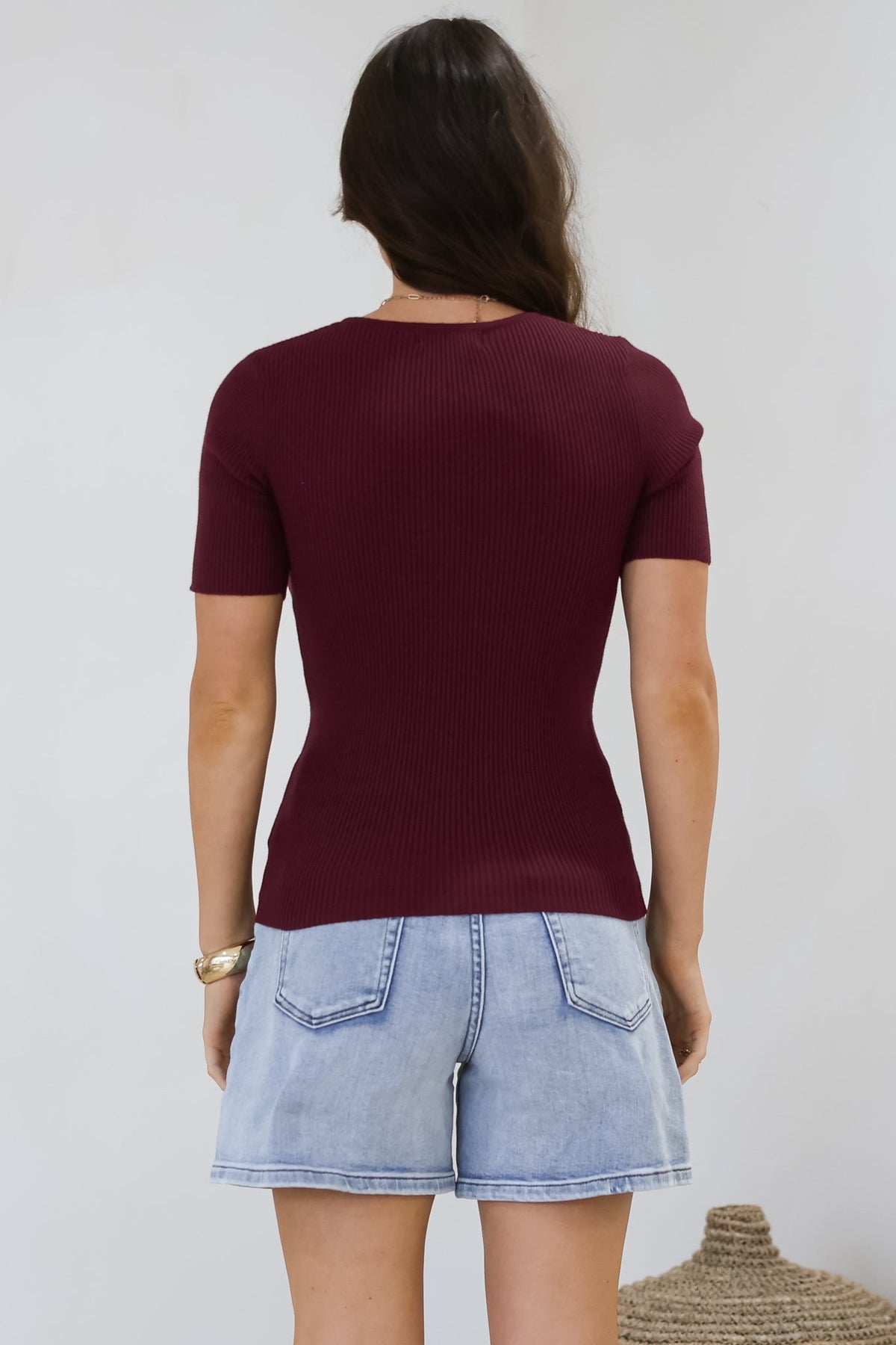 Zian Knit Top - Gold Button Neckline Ribbed Knit Top in Burgundy
