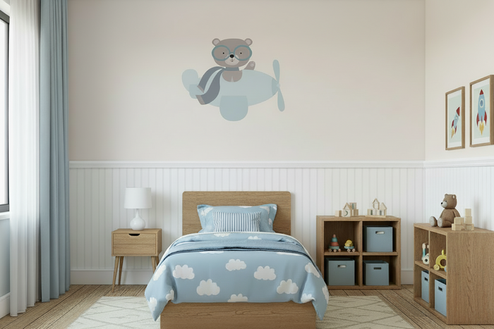 Kids Wall Decals Transportation Airplane Blue Cute Bear, Kids Wall Stickers, Childrens Wall Decals, Peel and Stick Wall Decals, Removable Wall Decals, Wall Decal for Kids Room, Nursery Wall Decals, Kids Room Wall Decor, Wall Stickers for Kids, Vinyl Wall Decals | Pippa + June