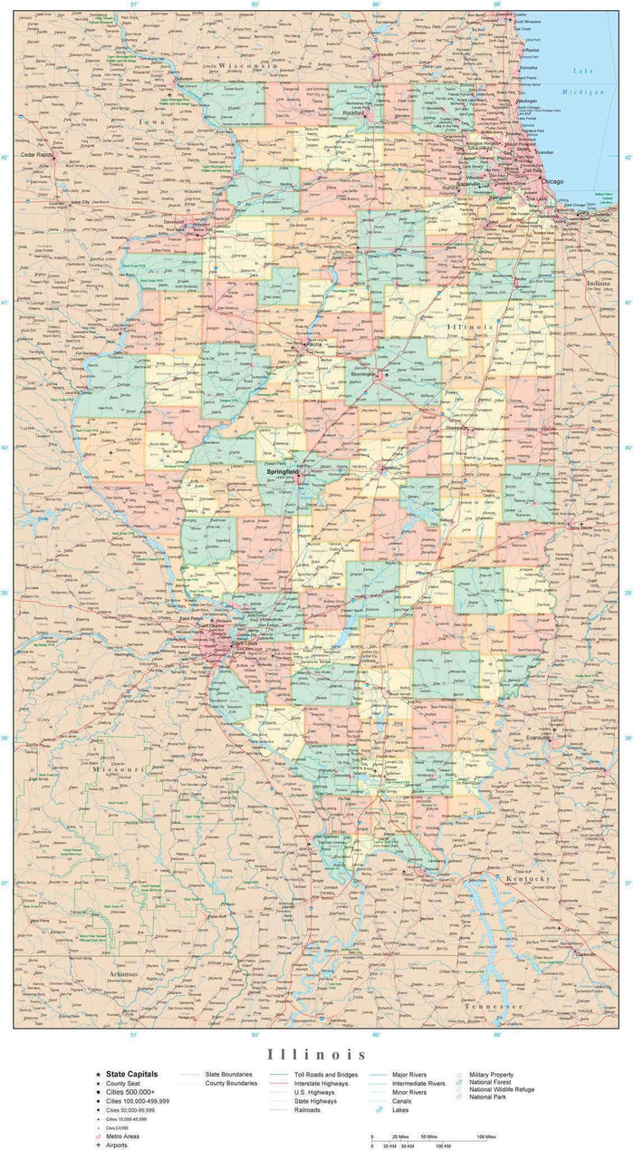 Detailed Illinois Digital Map with Counties, Cities, Highways, Railroads, Airports, and more