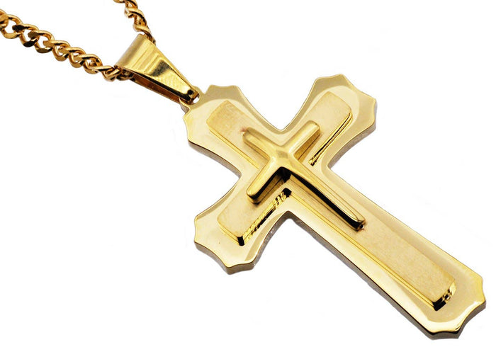 Men's Gold Stainless Steel Layered Cross Pendant Necklace With 24" Curb Chain