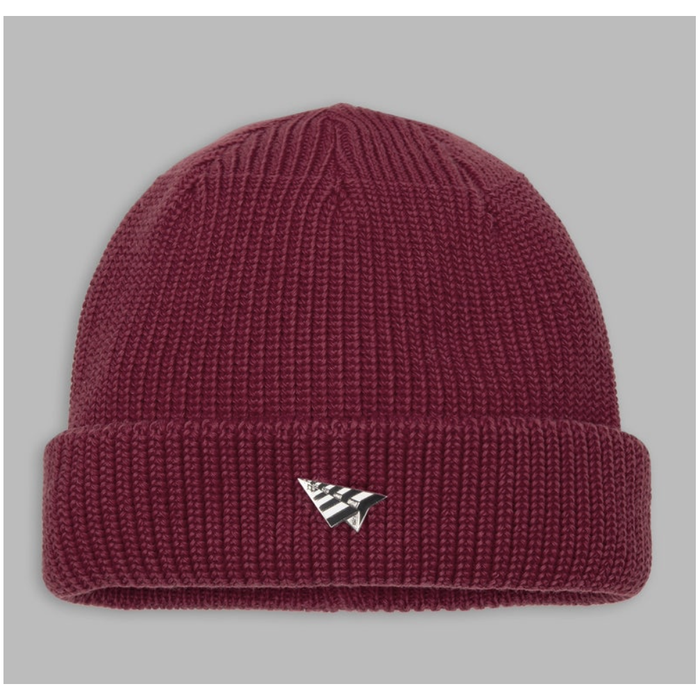Close-up image of the stylish Paper Planes Wharfman Carmine Beanie for men in a deep red hue, perfect for adding a pop of color to any winter outfit