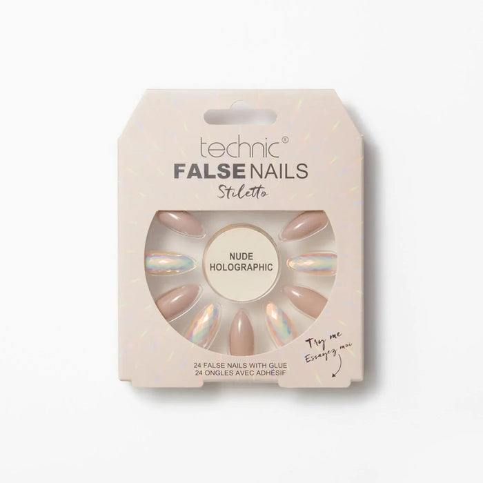 Technic Nude Holographic Stiletto False Nails packaging with 24 vegan nails and glue