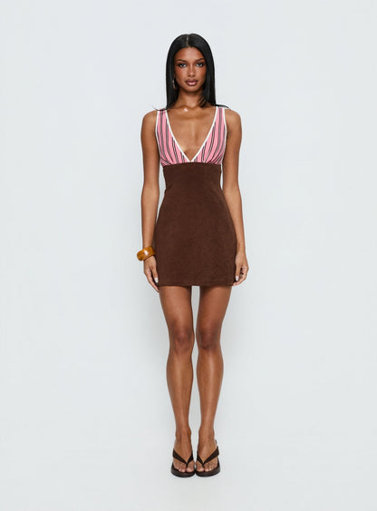 Aydenn Contrast Plunge Mini Dress Pink / Brown