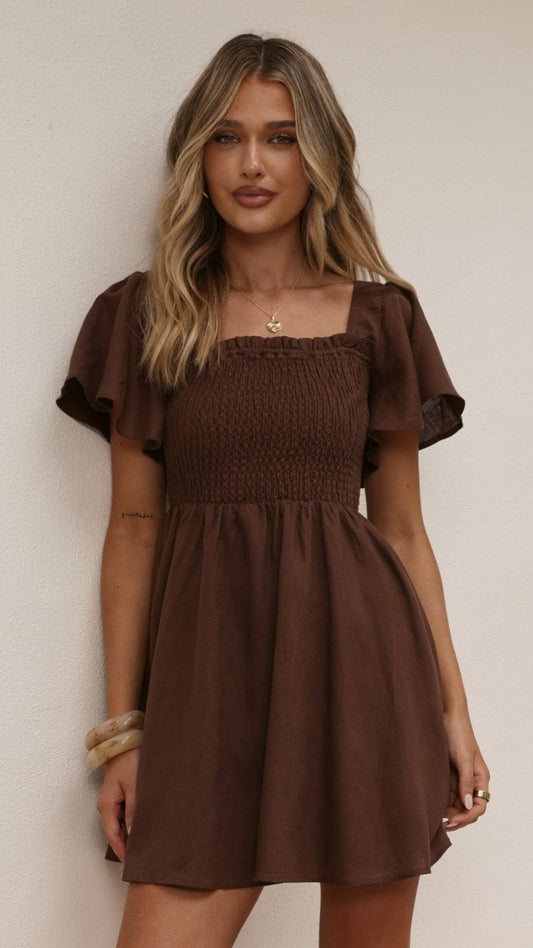 Molly Linen Mini Dress - Chocolate