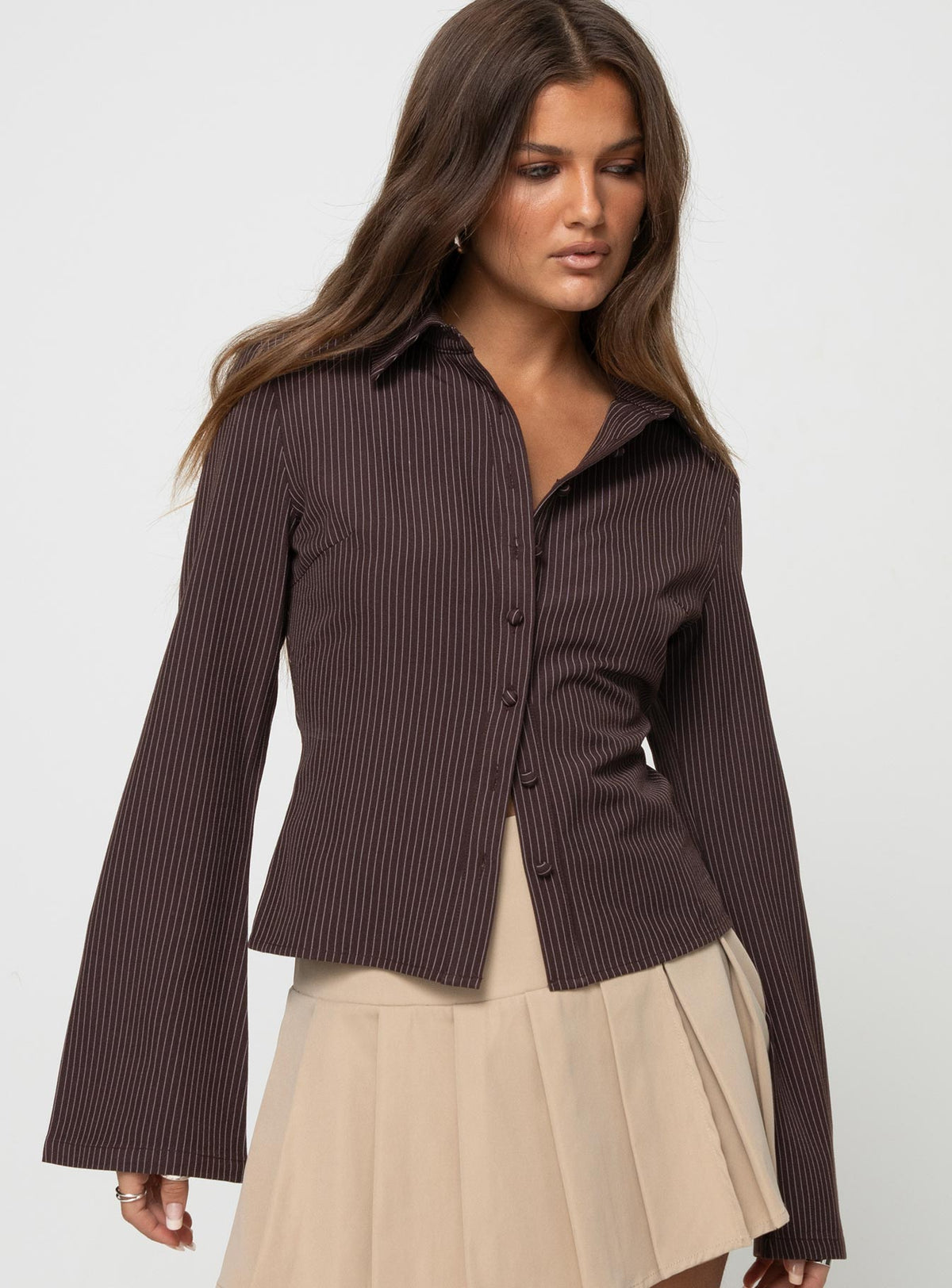 Anni Pinstripe Shirt Brown Petite