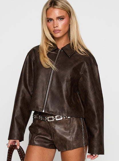 Brydon Faux Leather Jacket Brown
