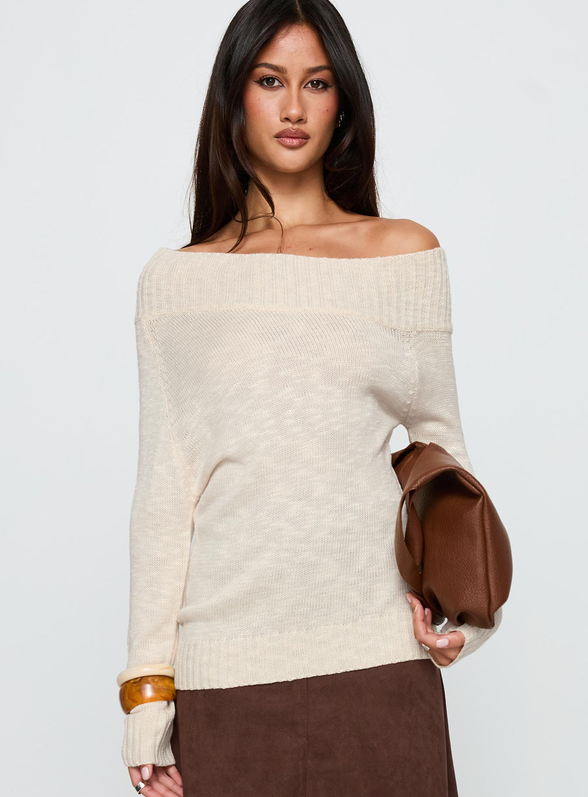 Alyxandra Off Shoulder Knit Sweater Beige