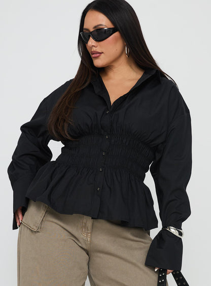 As You Are Shirred Button Up Top Black Curve