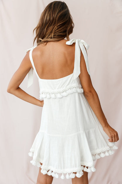 Sirocco Tassel Trim Tied Shoulder Dress White