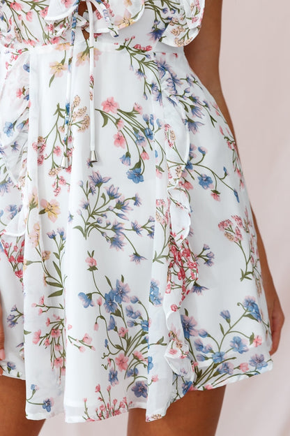 Maison Lace-Up Bust Ruffle Dress Ivory Floral