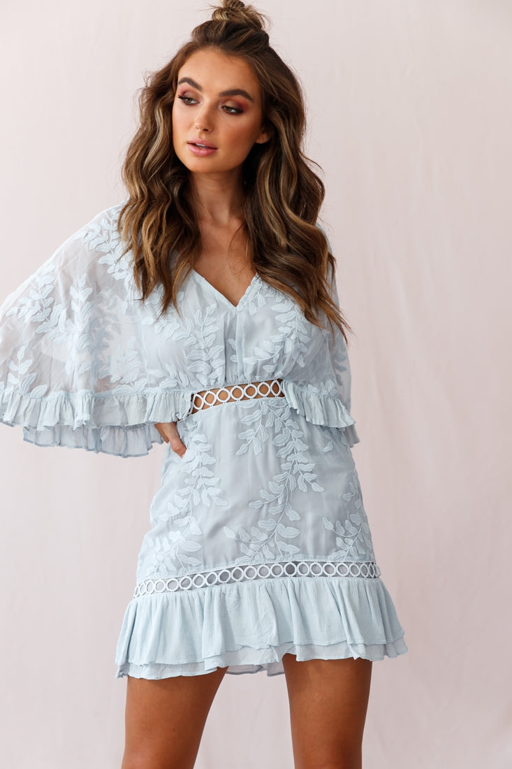 Caspar Leafy Embroidered Dress Baby Blue