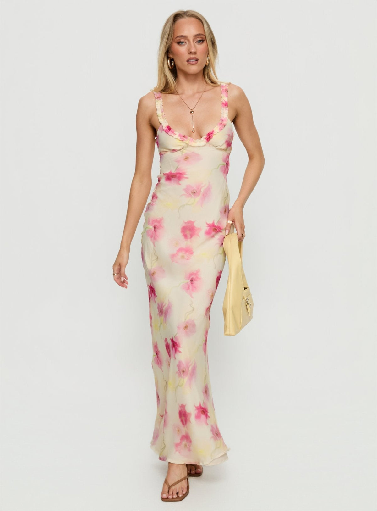 Baley Bias Cut Frill Maxi Dress White Floral