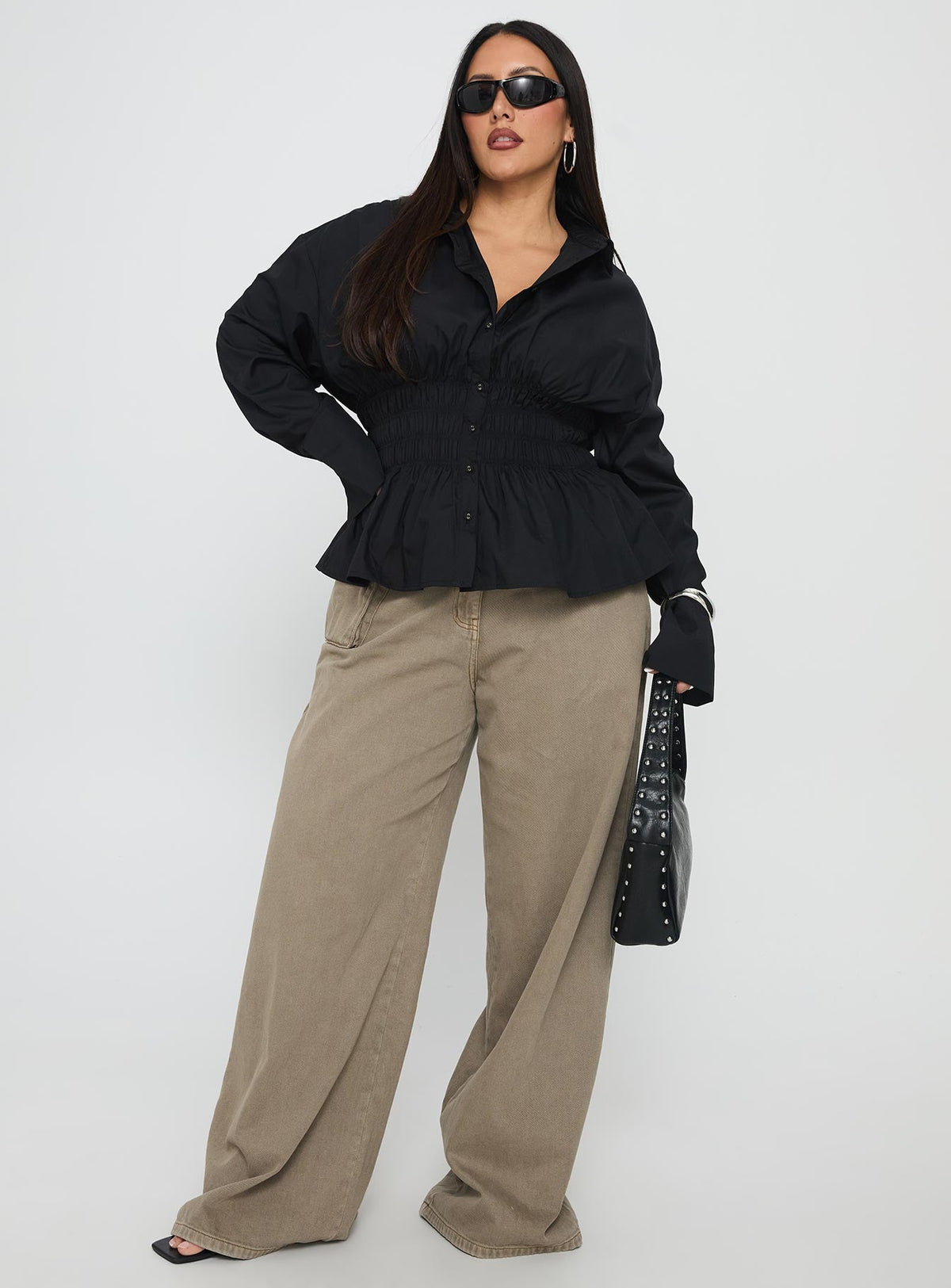 As You Are Shirred Button Up Top Black Curve