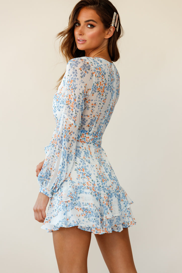 Kerry Layered Balloon Sleeve Dress Floral Vine Print White