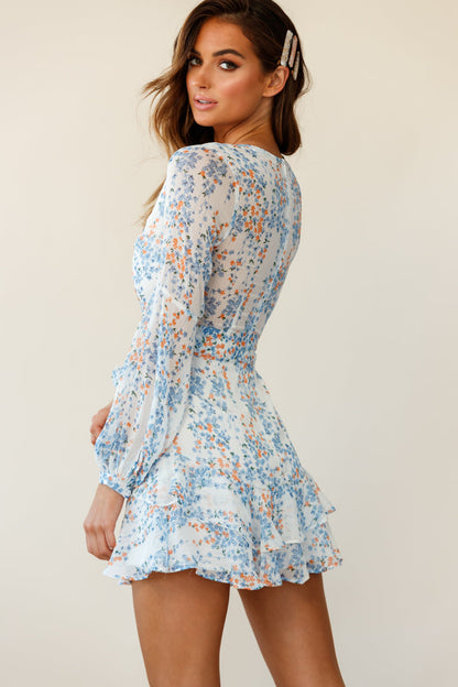 Kerry Layered Balloon Sleeve Dress Floral Vine Print White