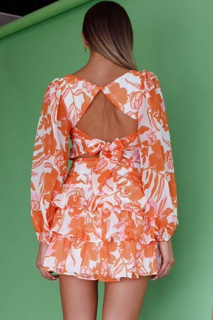 Romance Novel Long Sleeve Tied Back Floral Dress Orange