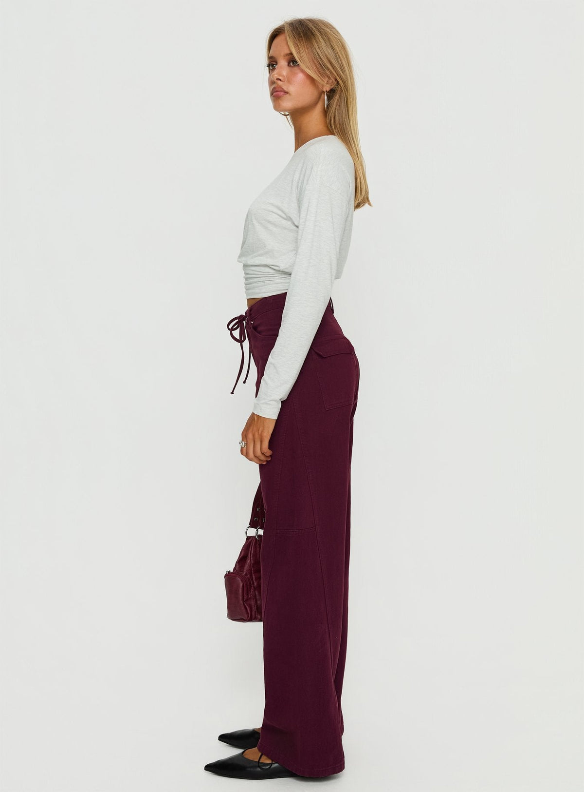 Bruiser Tie Waist Mid Rise Wide Leg Jeans Currant