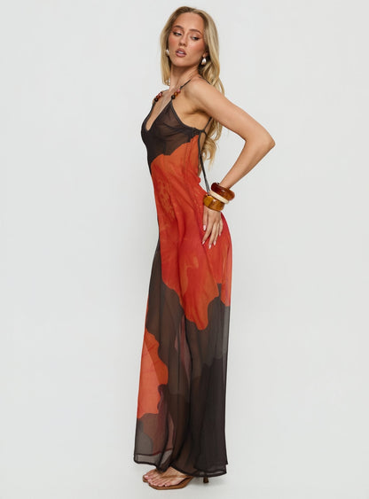 Carita Sheer Chiffon Maxi Dress Brown / Orange Floral