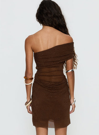 Adriessa One Shoulder Sheer Mini Dress Dark Brown Shimmer
