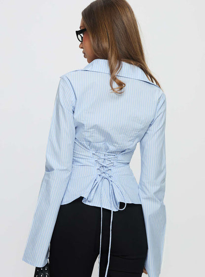 Busy Girl Long Sleeve Collared Top Blue Stripe