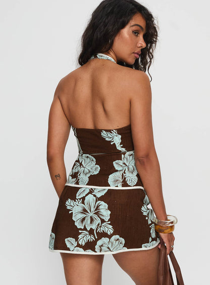 Anyah Tie Side Linen Skort Brown / Blue