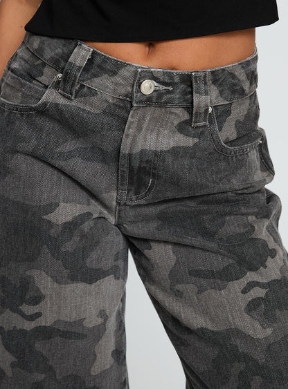 Big Talk Mid Rise Straight Leg Jeans Grey Washed Camo