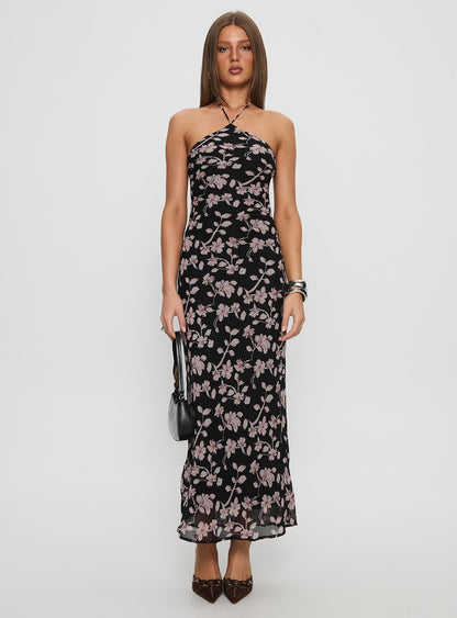 Anisa Halter Maxi Dress Black Floral