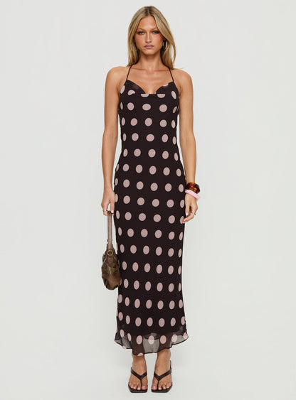 Andreana Low Back Maxi Dress Burgundy Polka Dot