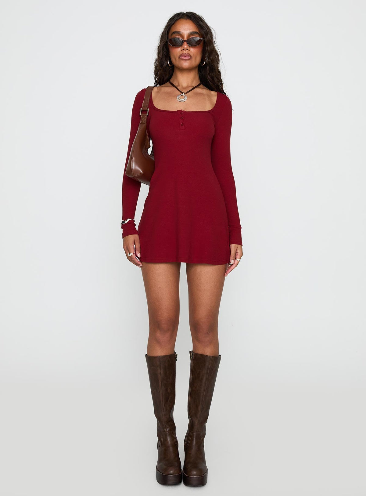 Baseline Long Sleeve Rib Mini Dress Red
