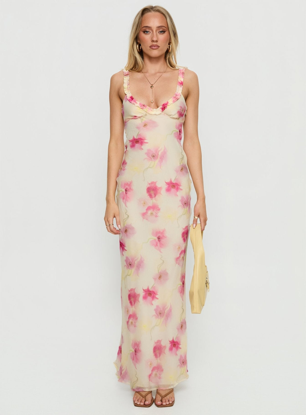 Baley Bias Cut Frill Maxi Dress White Floral