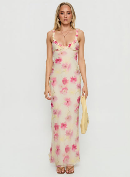 Baley Bias Cut Frill Maxi Dress White Floral