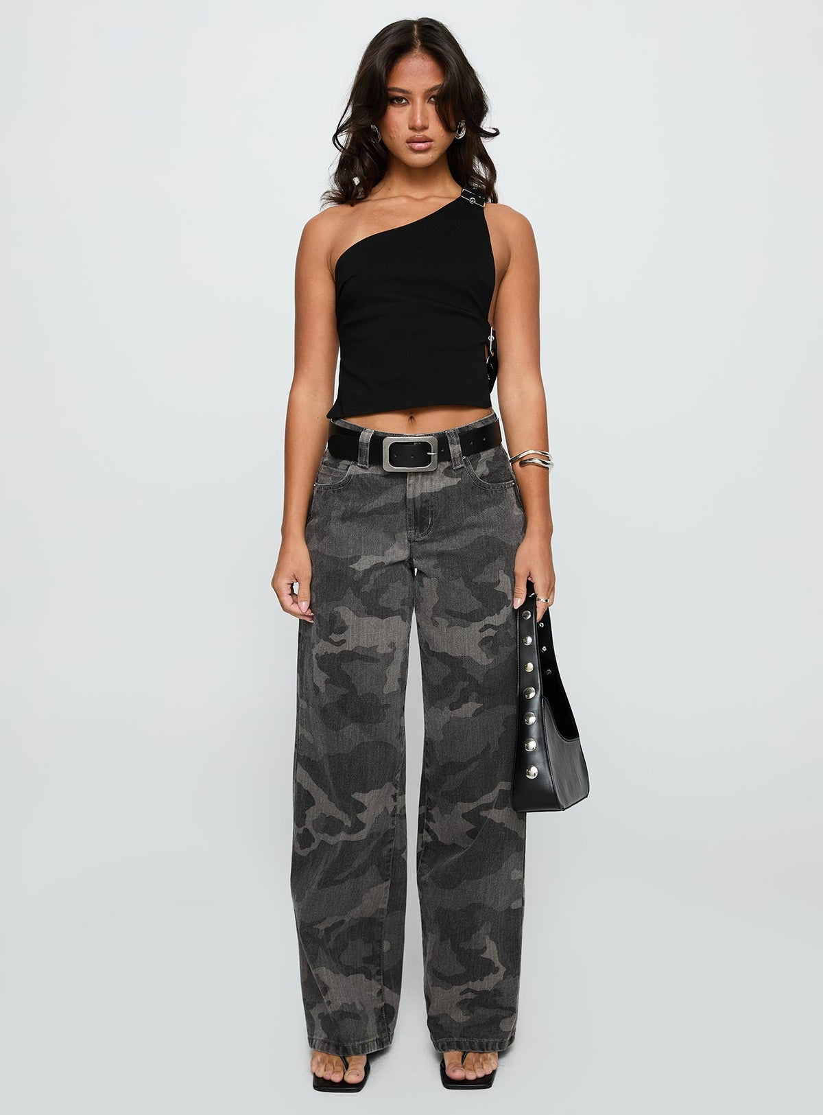 Big Talk Mid Rise Straight Leg Jeans Grey Washed Camo