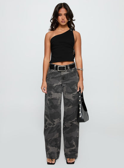 Big Talk Mid Rise Straight Leg Jeans Grey Washed Camo