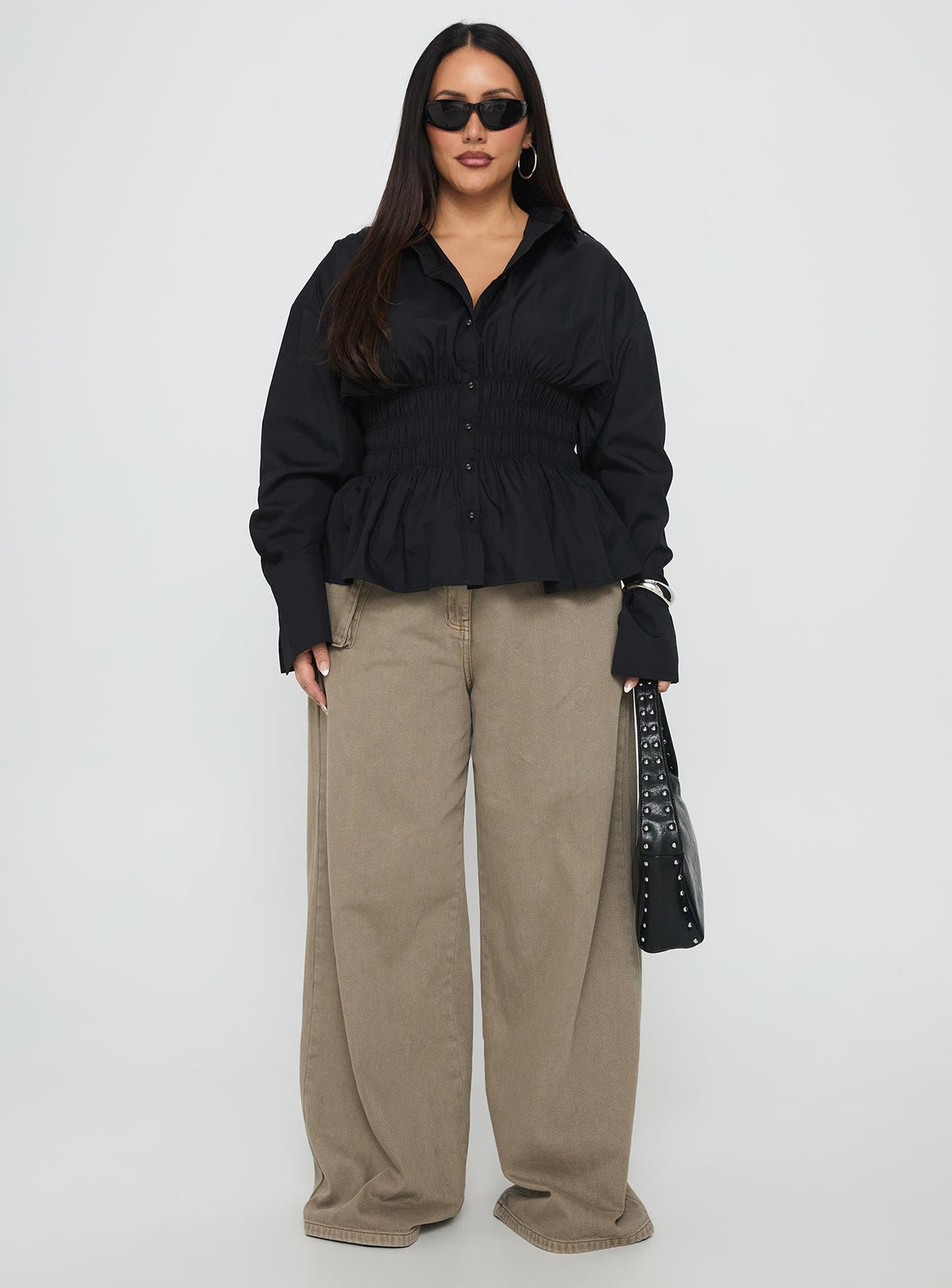 As You Are Shirred Button Up Top Black Curve