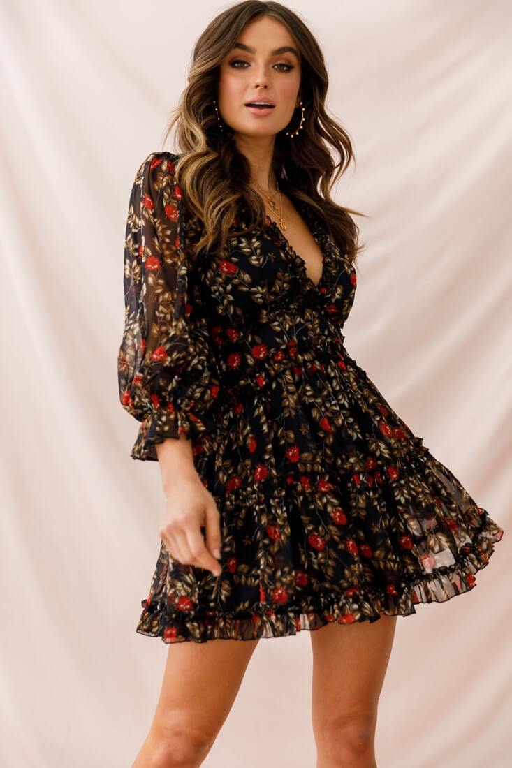 Laney Cutout Back Ruffle Trim Dress Navy