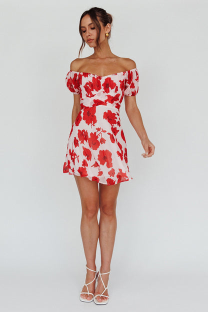 Linka Puff Sleeve Waist Tie Dress Floral Red
