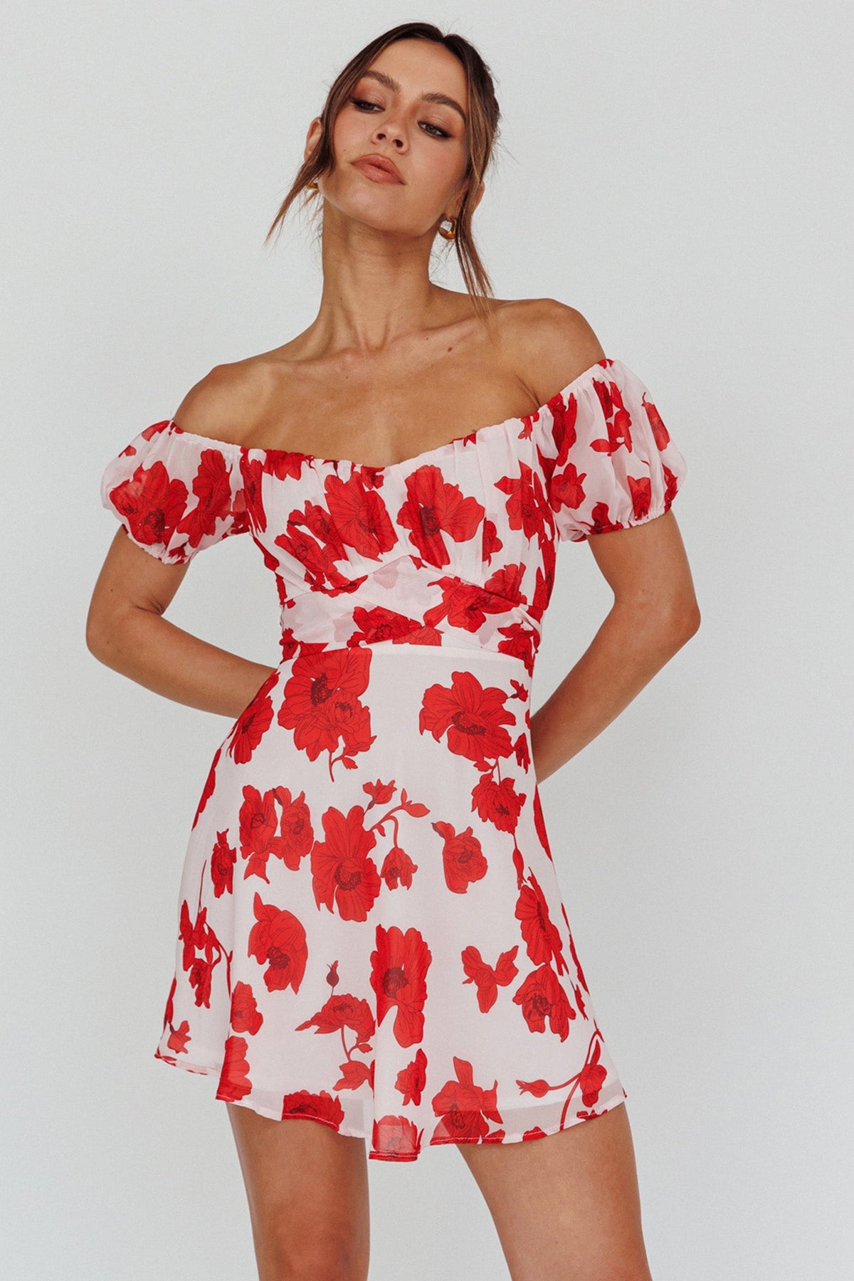 Linka Puff Sleeve Waist Tie Dress Floral Red