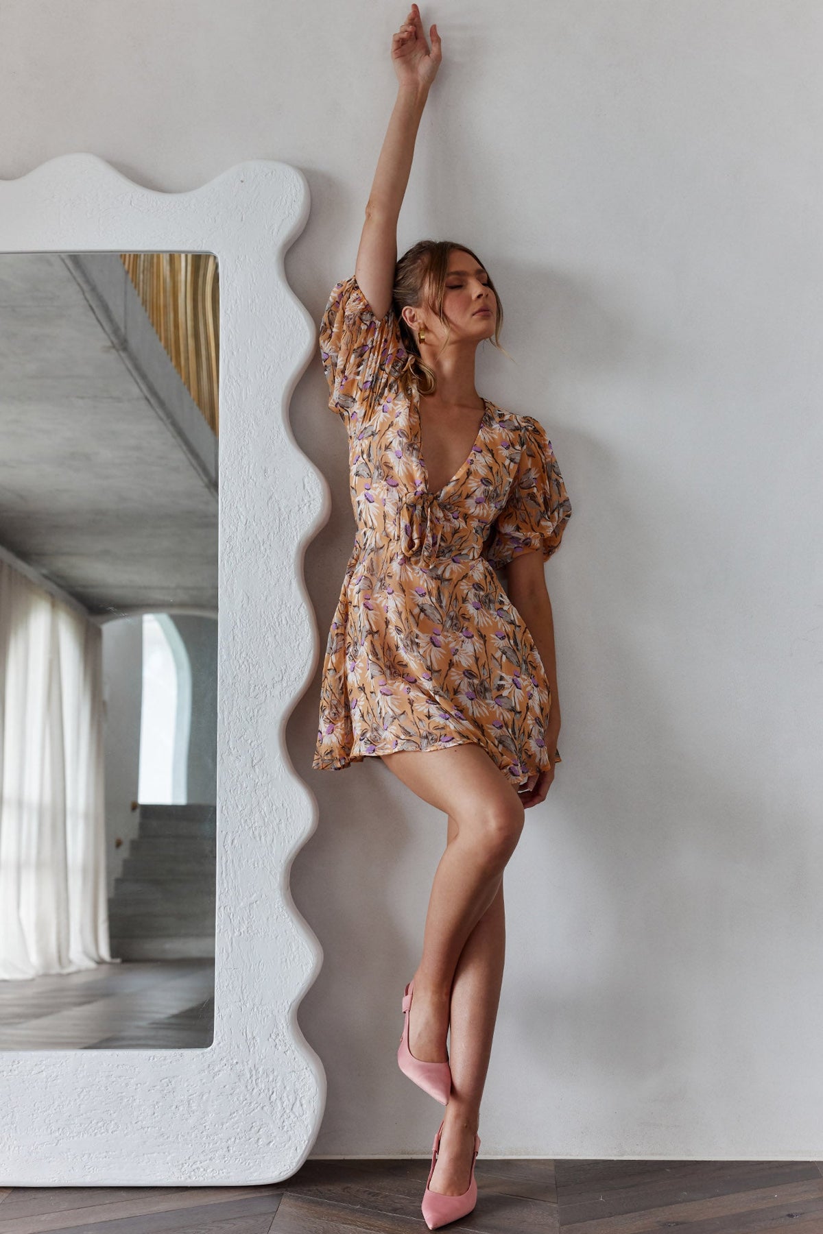 Madison Bow Tie Bust Puff Sleeve Dress Floral Orange