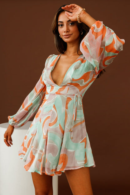 Estelle Long Sleeve V-Neckline Dress Swirl Print Orange/Mint
