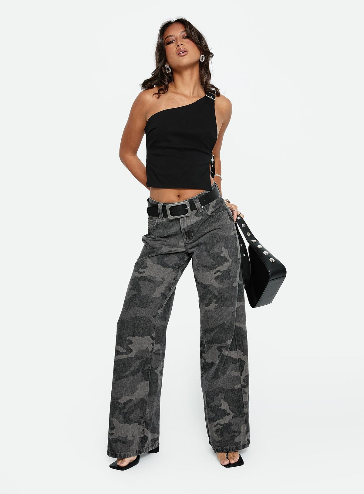 Big Talk Mid Rise Straight Leg Jeans Grey Washed Camo