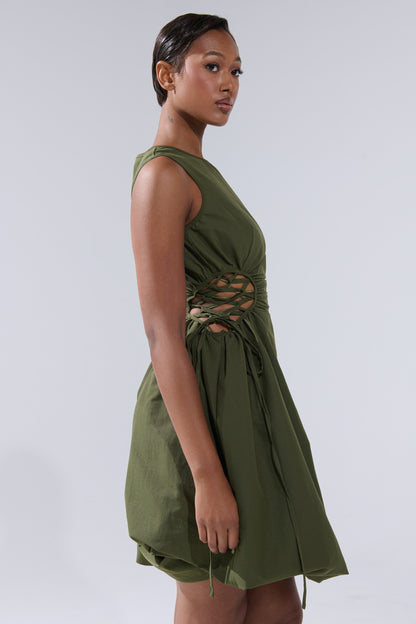 ALINA LACE UP DETAIL MAXI DRESS IN OLIVE