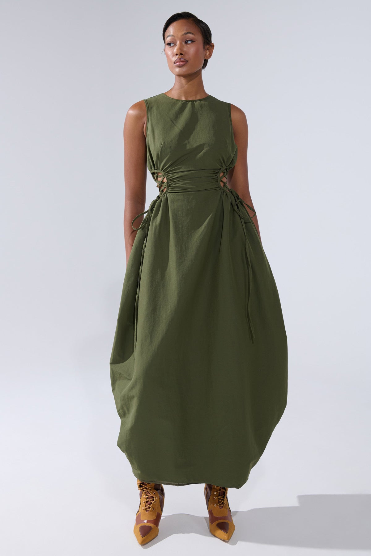 ALINA LACE UP DETAIL MAXI DRESS IN OLIVE