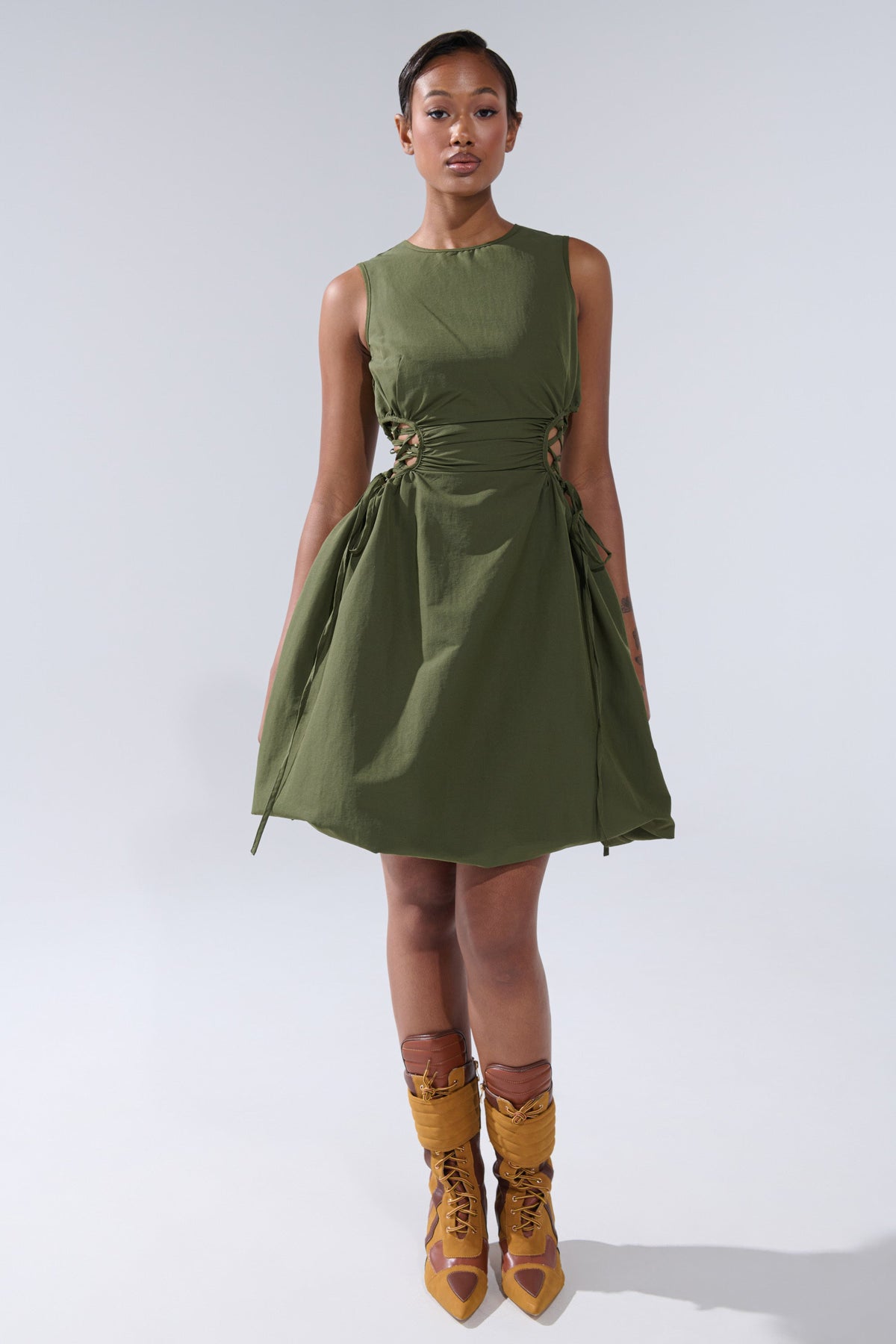 ALINA LACE UP DETAIL MAXI DRESS IN OLIVE