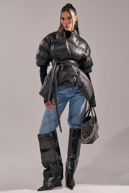 A STEP AHEAD LONG RIBBED SLEEVE PEPLUM PUFFER COAT