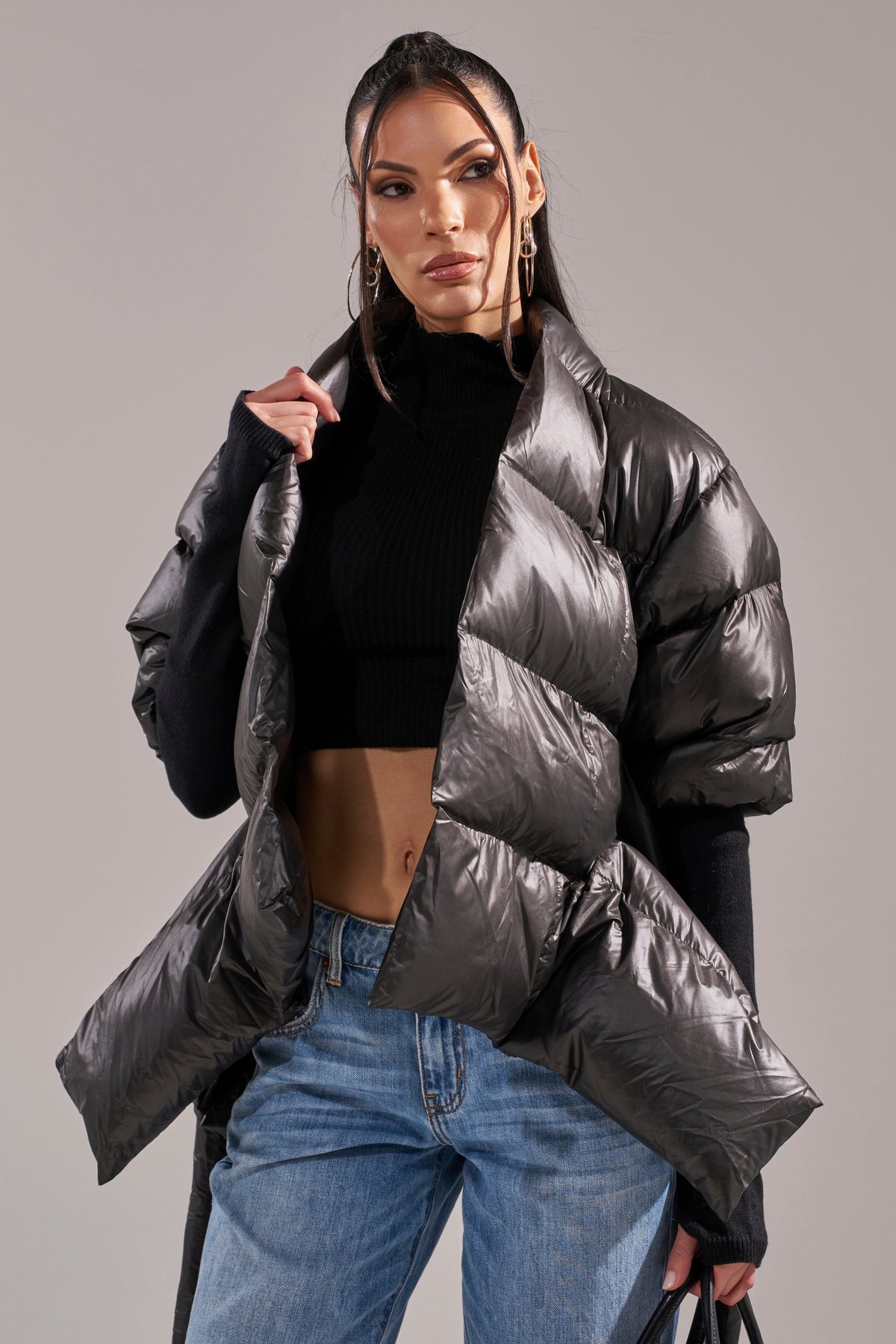 A STEP AHEAD LONG RIBBED SLEEVE PEPLUM PUFFER COAT